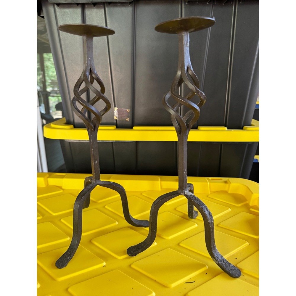 Vintage Wrought Iron Twisted Cage Pillar Candle Holders Pair Tripod Base Rustic